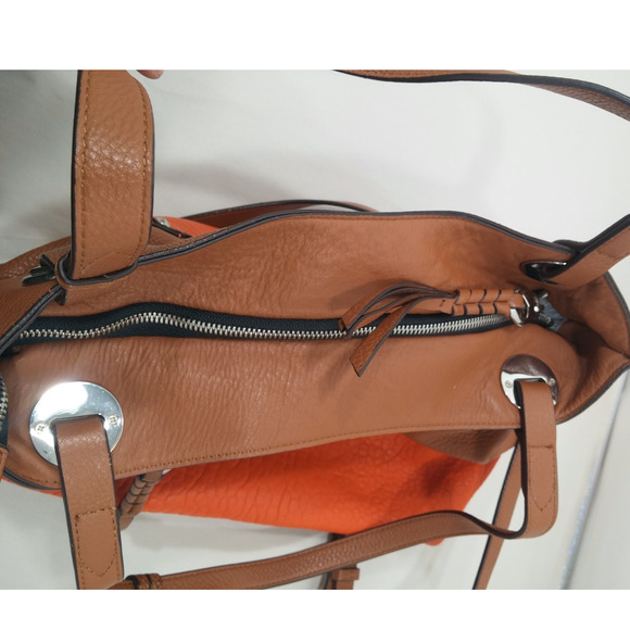 Cognac Pebbled Leather Purse Colorblock Crossbody Bag Silver Accents Handles - Picture 4 of 12